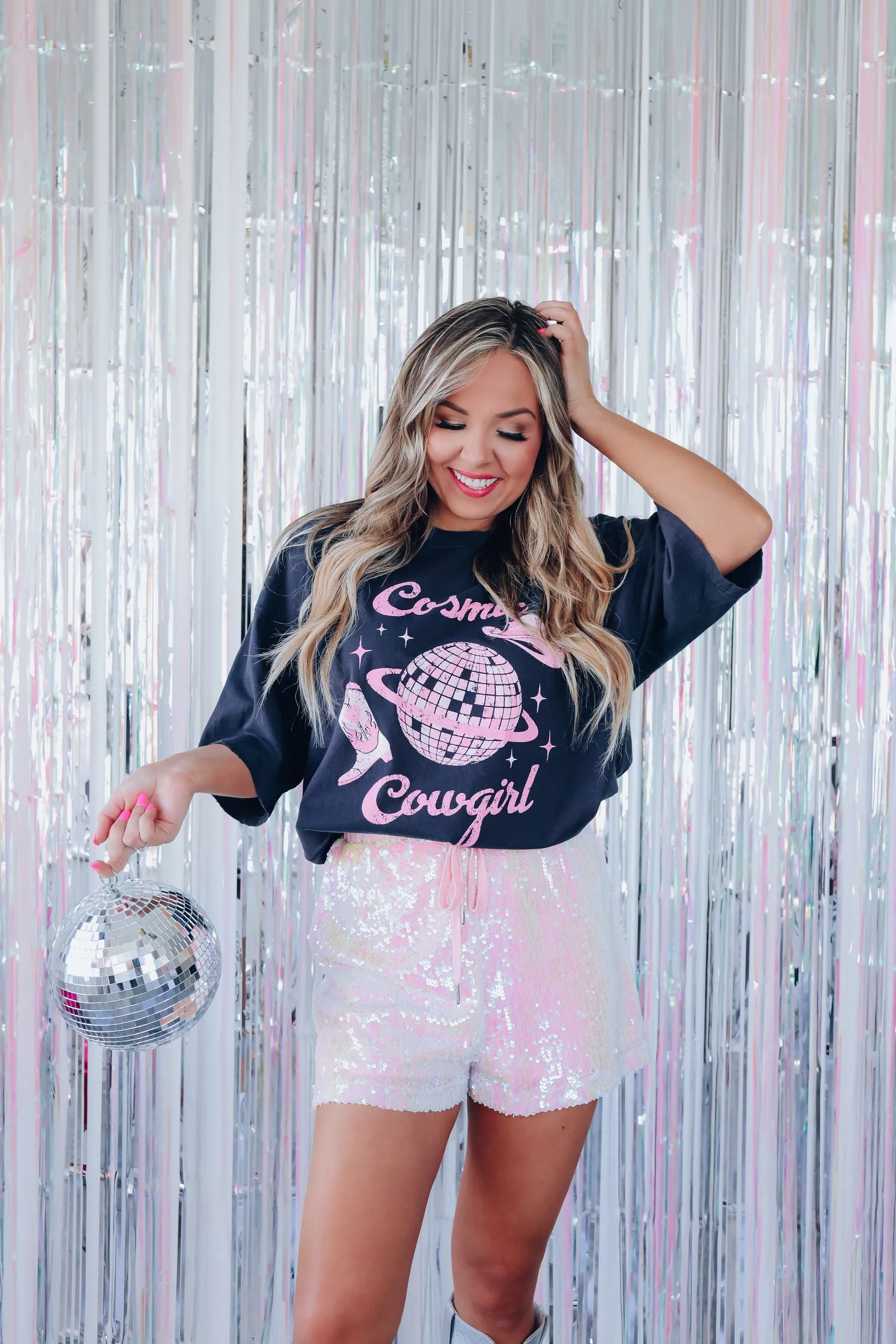 Statement Sequin Drawstring Shorts - Light Pink