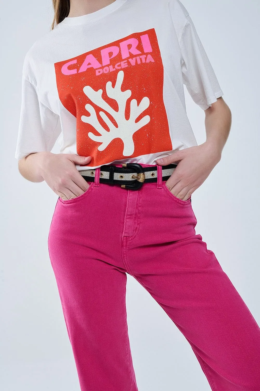 Straight Leg Pants With Cropped Hem In Magenta
