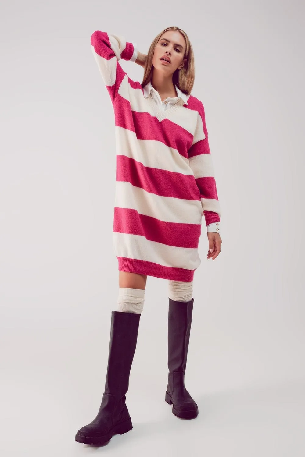 Stripe Jumper Dress In Fuchsia