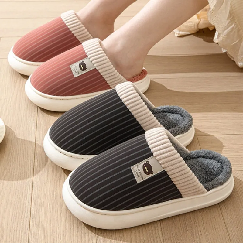 Striped Plush Fleece Slippers for Women & Men – Warm & Cozy