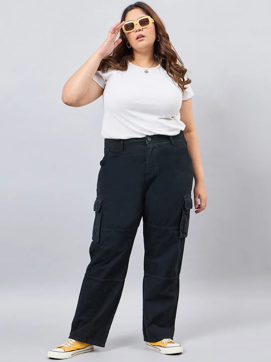 Style Quotient Women Plus Size Black Relaxed Fit High Rise Cargos
