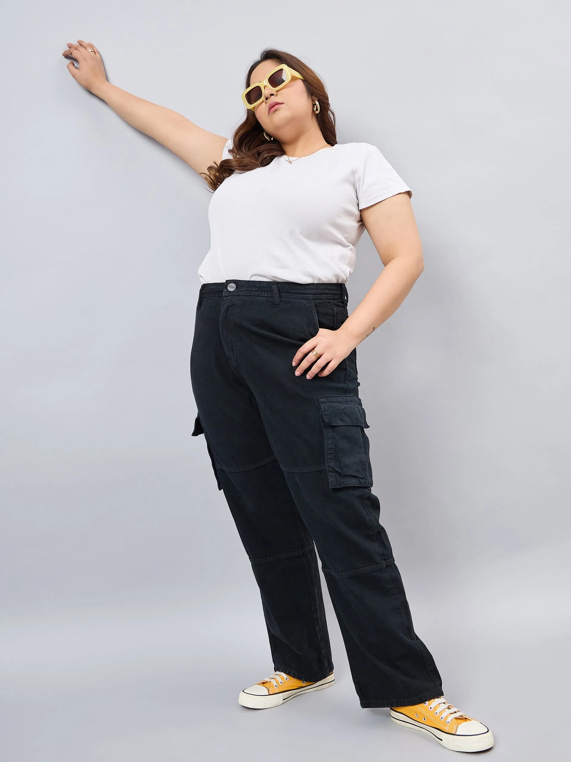 Style Quotient Women Plus Size Black Relaxed Fit High Rise Cargos