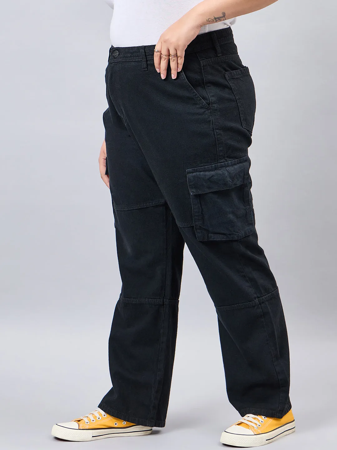 Style Quotient Women Plus Size Black Relaxed Fit High Rise Cargos