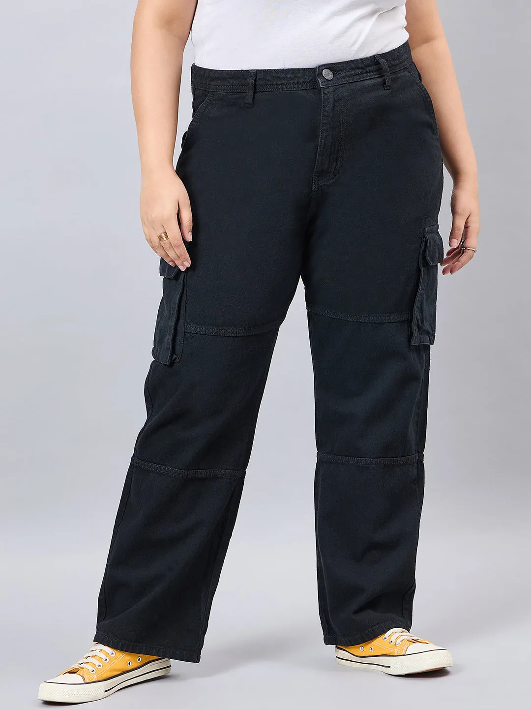 Style Quotient Women Plus Size Black Relaxed Fit High Rise Cargos