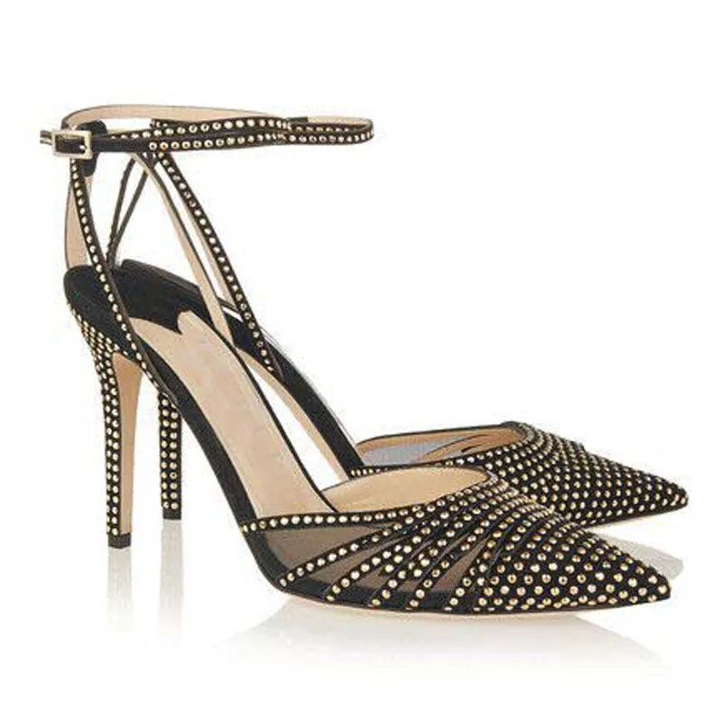 Summer Black Leather Buckle Rhinestone Pumps