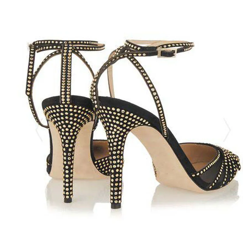 Summer Black Leather Buckle Rhinestone Pumps