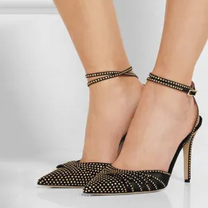 Summer Black Leather Buckle Rhinestone Pumps