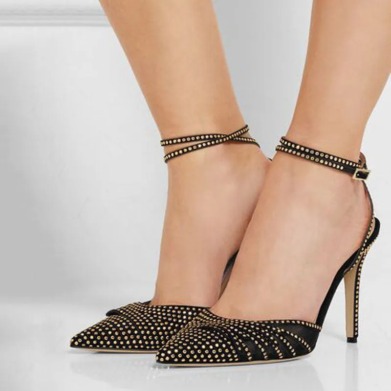 Summer Black Leather Buckle Rhinestone Pumps