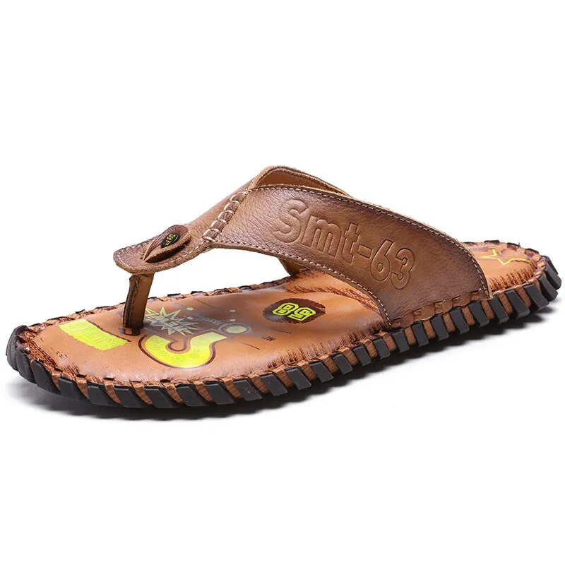 Summer Flip Flops Genuine Real Leather Soft Flats Anti-slip Beach Shoes Retro Outdoor