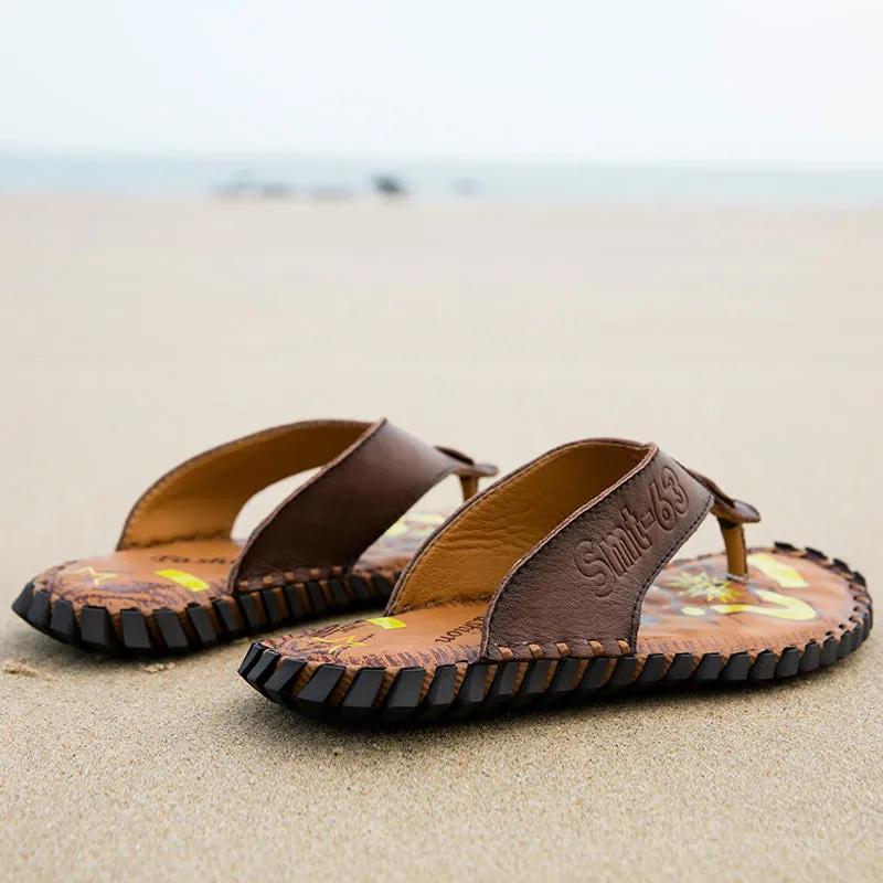 Summer Flip Flops Genuine Real Leather Soft Flats Anti-slip Beach Shoes Retro Outdoor