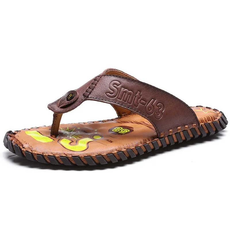 Summer Flip Flops Genuine Real Leather Soft Flats Anti-slip Beach Shoes Retro Outdoor