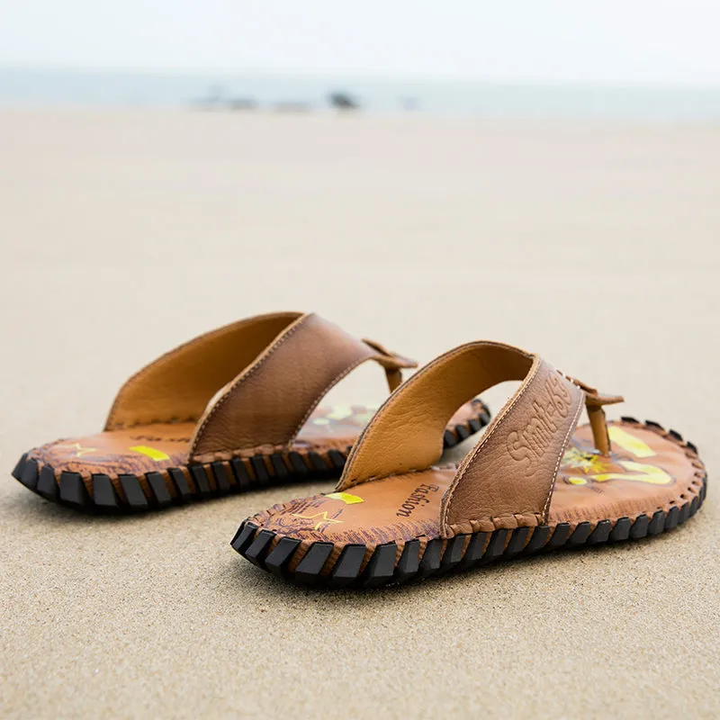 Summer Flip Flops Genuine Real Leather Soft Flats Anti-slip Beach Shoes Retro Outdoor