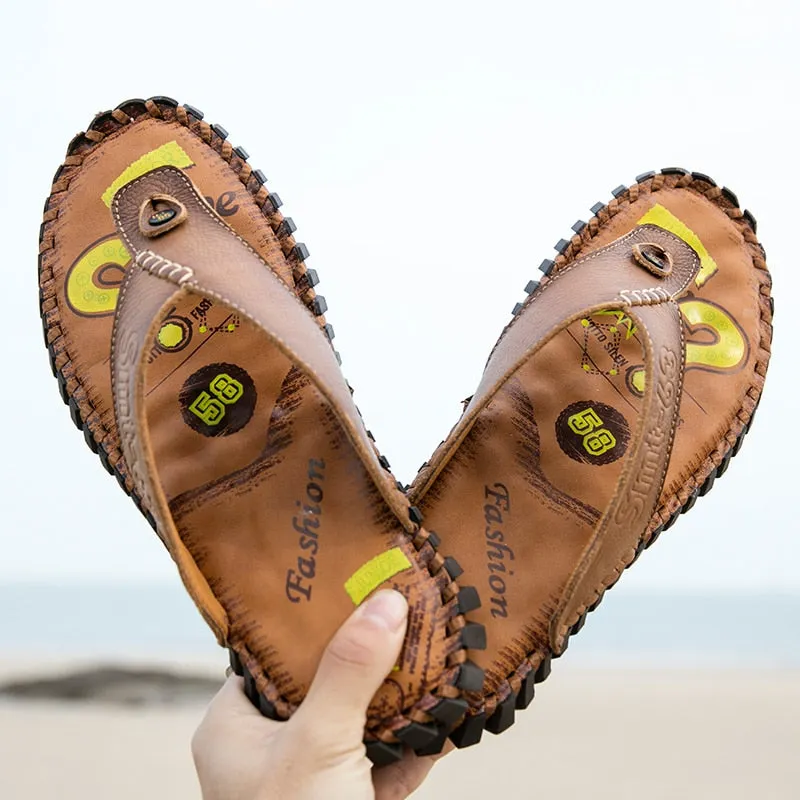 Summer Flip Flops Genuine Real Leather Soft Flats Anti-slip Beach Shoes Retro Outdoor