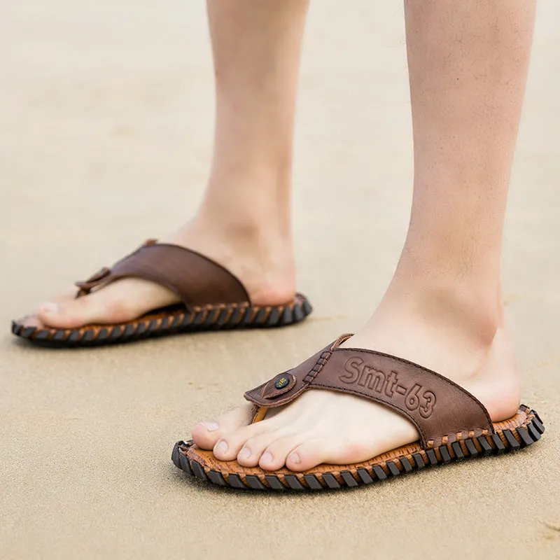 Summer Flip Flops Genuine Real Leather Soft Flats Anti-slip Beach Shoes Retro Outdoor