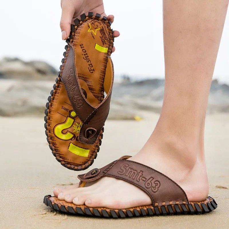 Summer Flip Flops Genuine Real Leather Soft Flats Anti-slip Beach Shoes Retro Outdoor
