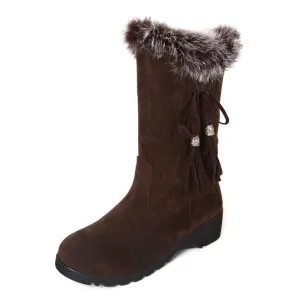 Tassels Fur Round Toe Low Wedge Heel Half Snow Boots