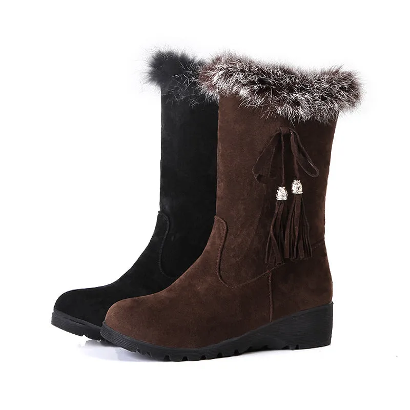 Tassels Fur Round Toe Low Wedge Heel Half Snow Boots