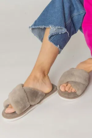 Taupe Solid Crisscross Faux Fur Home Slippers