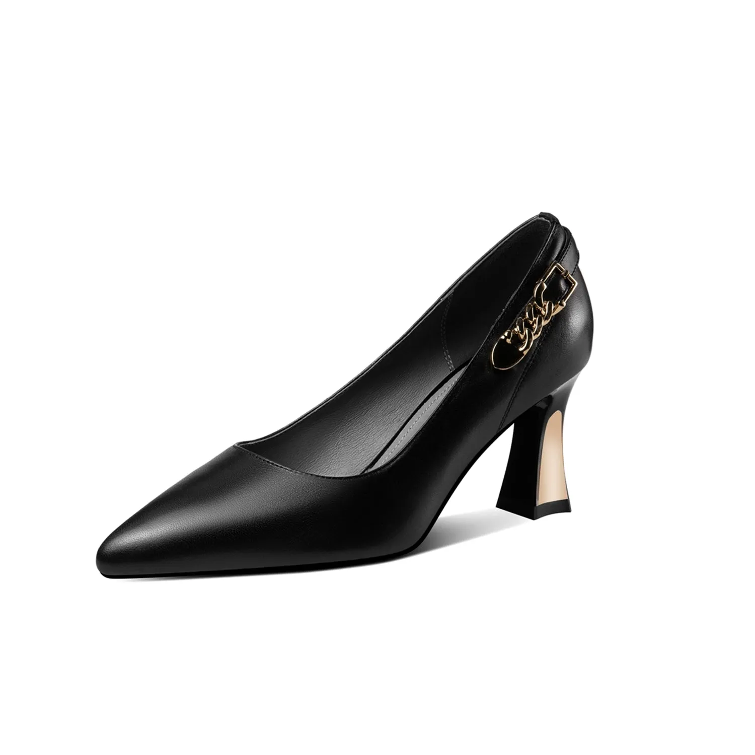 TinaCus Genuine Leather Women's Handmade Pointed Toe Metal Chain Decor Mid Heel Pumps