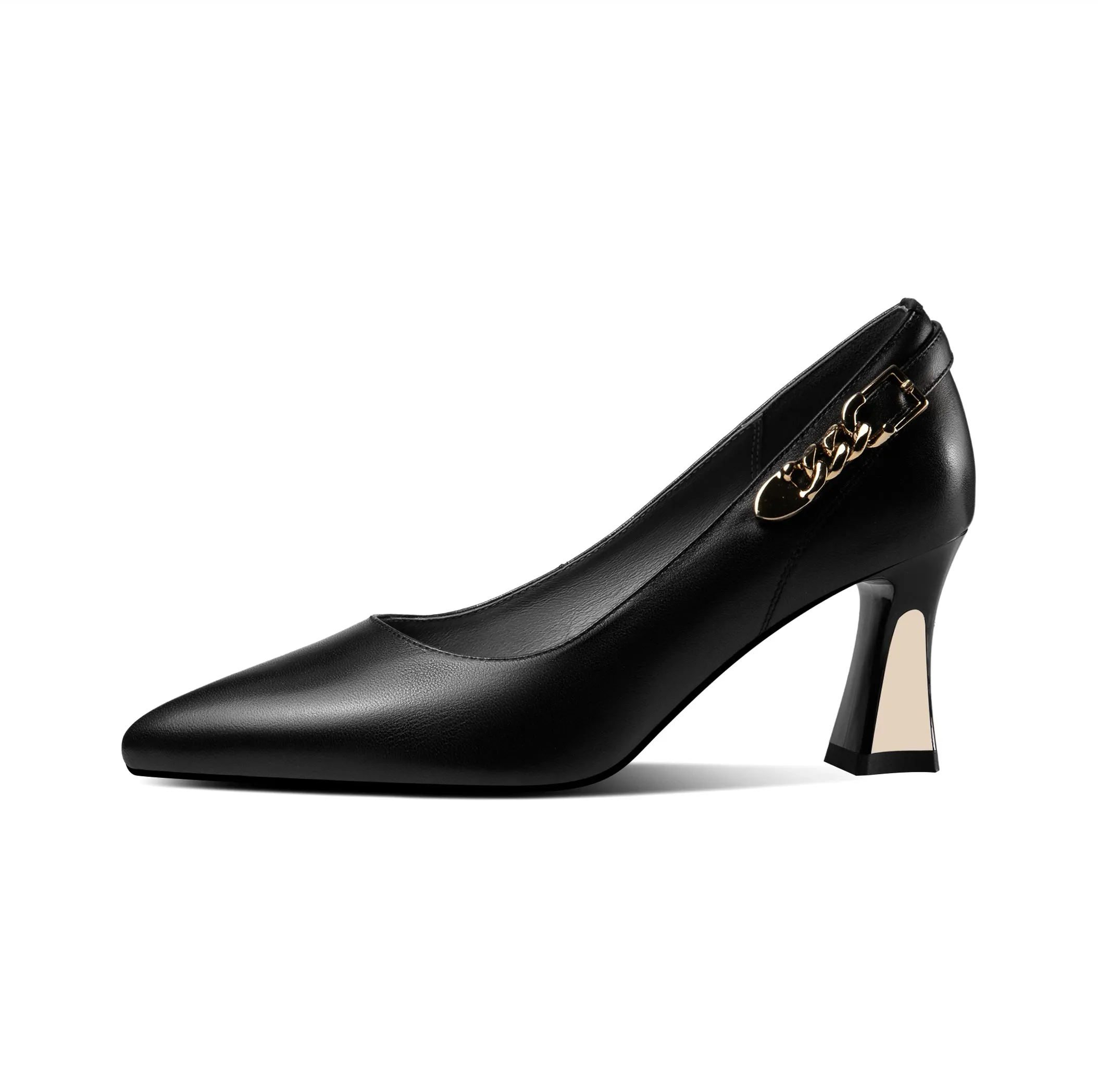 TinaCus Genuine Leather Women's Handmade Pointed Toe Metal Chain Decor Mid Heel Pumps