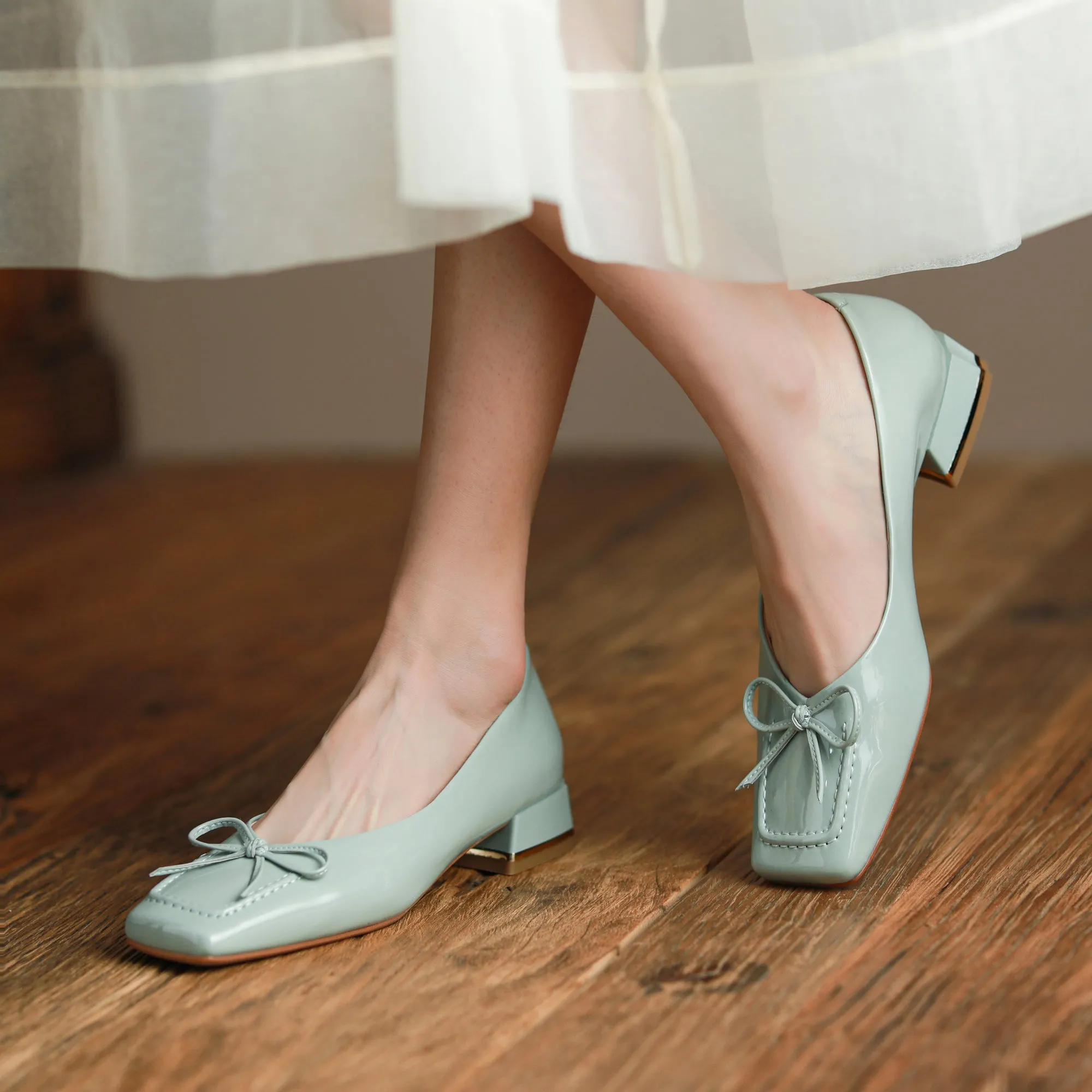TinaCus Glossy Patent Leather Women's Handmade Classic Square Toe Block Heel Slip On Loafer Pumps with Bowknot