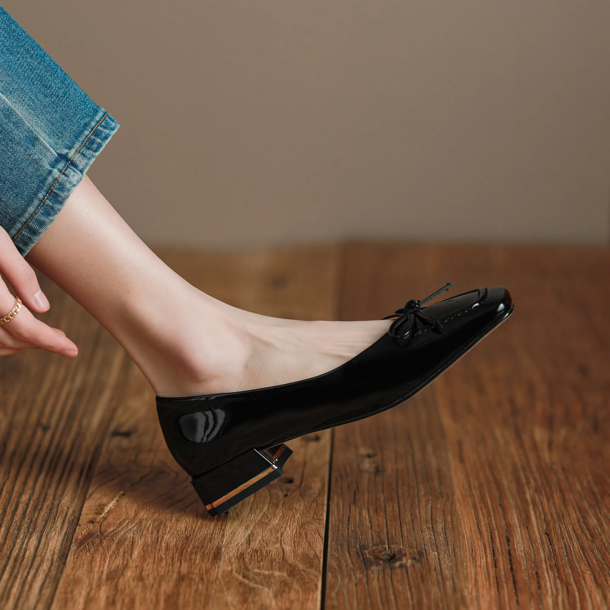 TinaCus Glossy Patent Leather Women's Handmade Classic Square Toe Block Heel Slip On Loafer Pumps with Bowknot