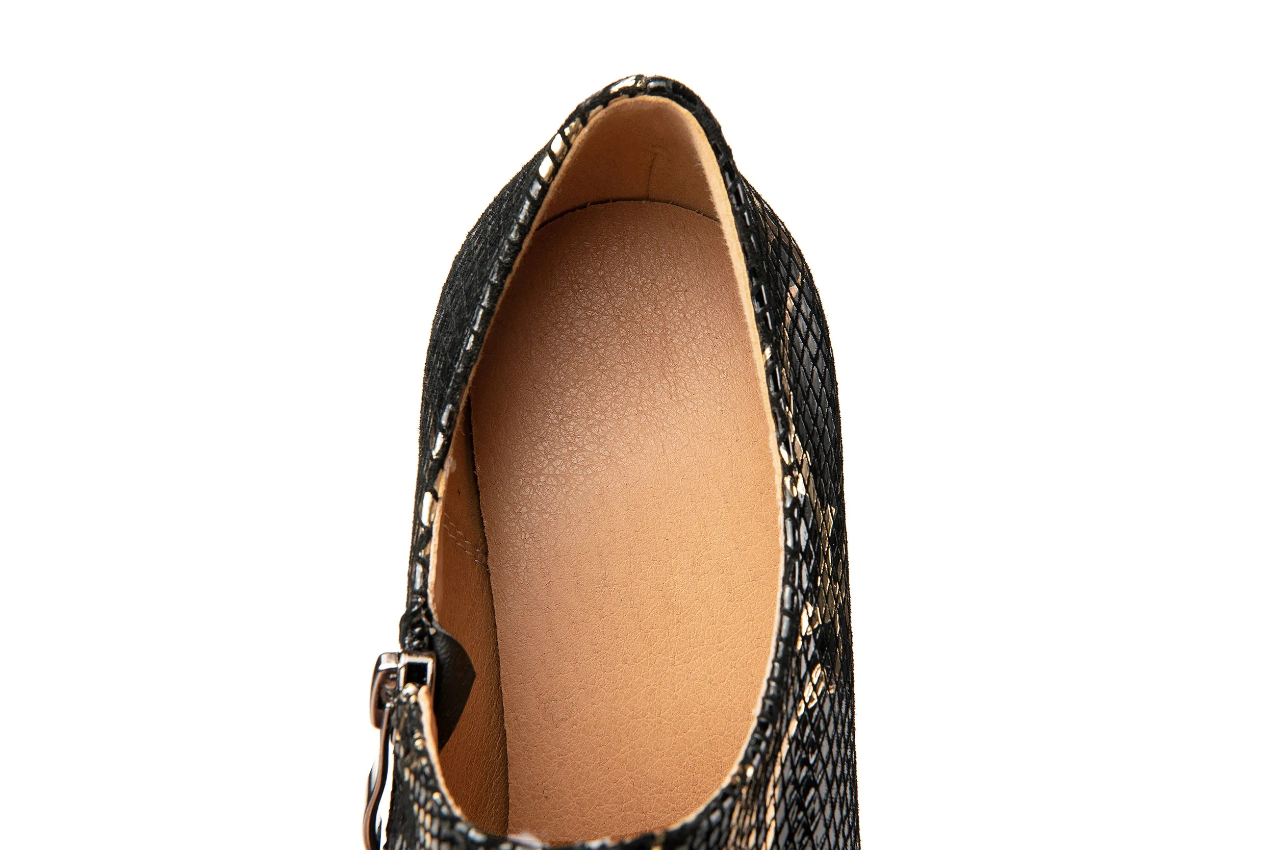 TinaCus Handmade Women's Genuine Leather Platform Hollow Pattern High Spool Heel Side Zip Pointed Toe Pumps