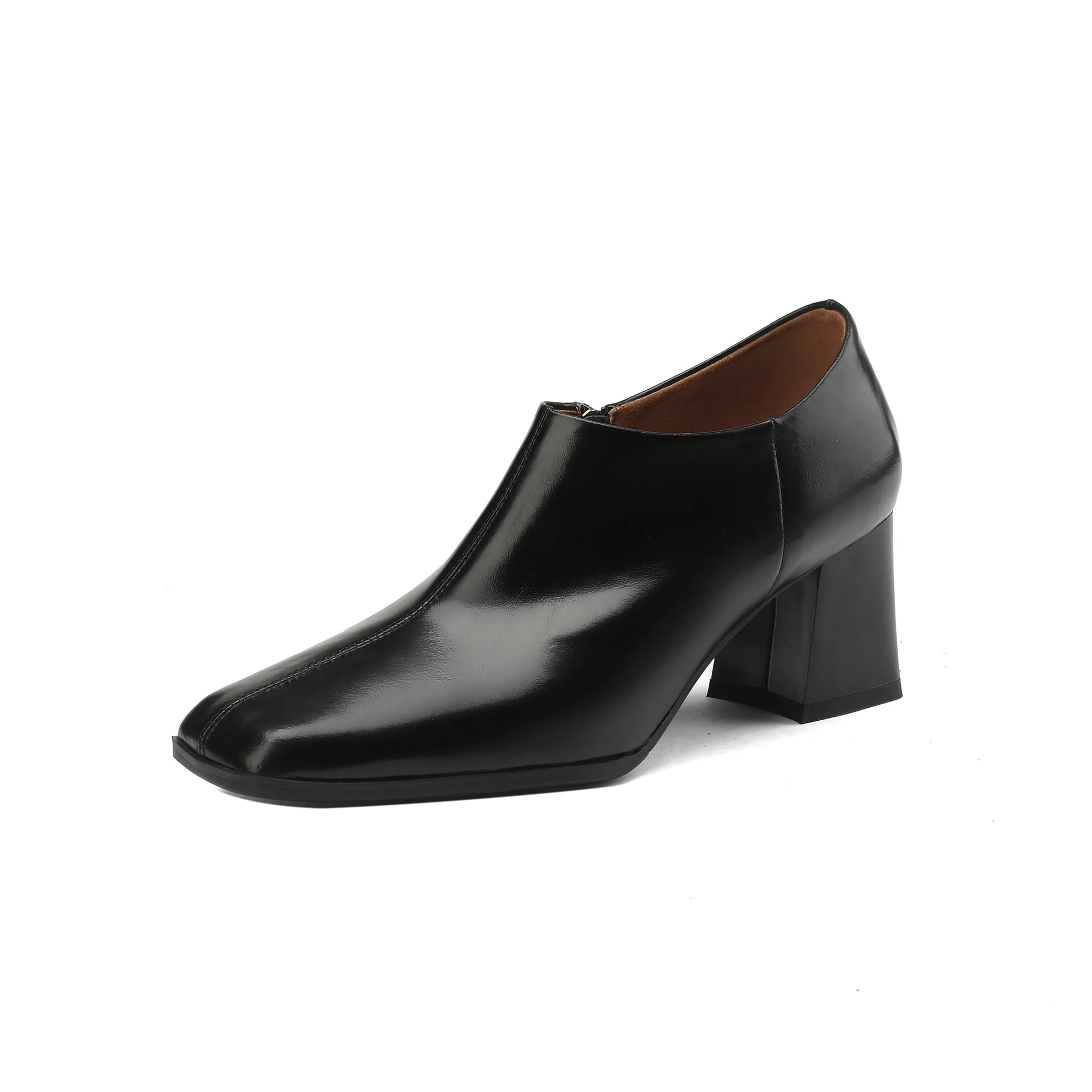 TinaCus Handmade Women's Genuine Leather Slip On Square Toe Mid Block Heel Side Zipper Shoes