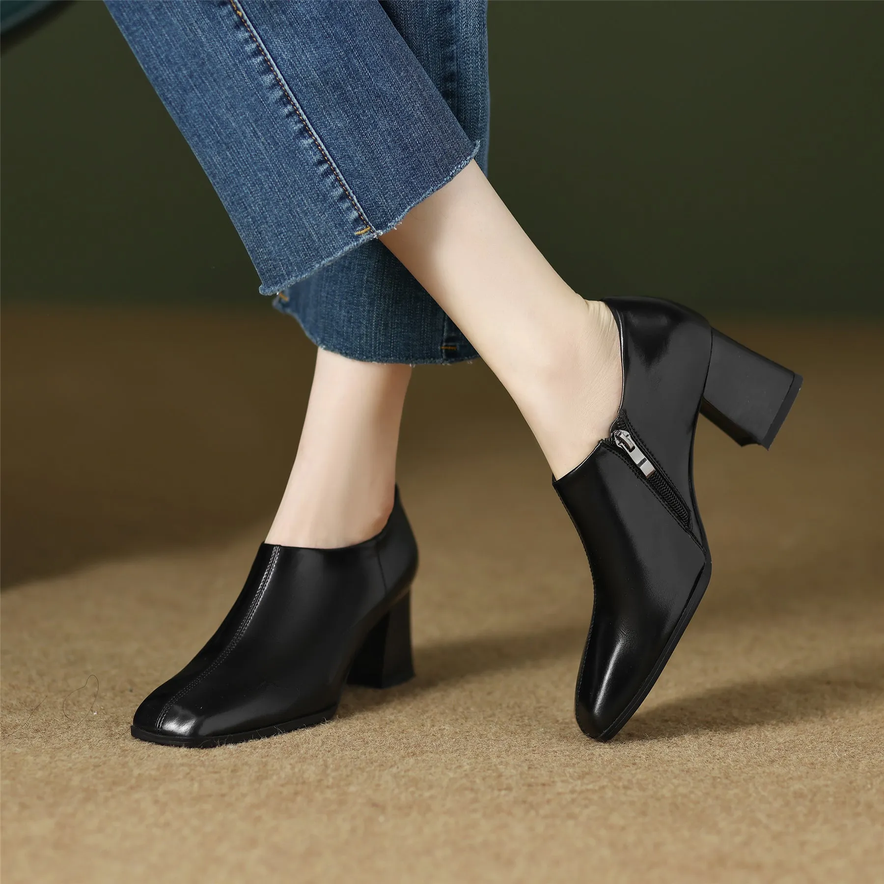 TinaCus Handmade Women's Genuine Leather Slip On Square Toe Mid Block Heel Side Zipper Shoes
