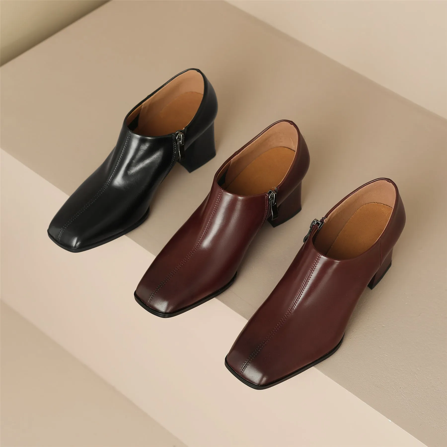 TinaCus Handmade Women's Genuine Leather Slip On Square Toe Mid Block Heel Side Zipper Shoes