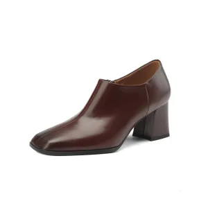 TinaCus Handmade Women's Genuine Leather Slip On Square Toe Mid Block Heel Side Zipper Shoes