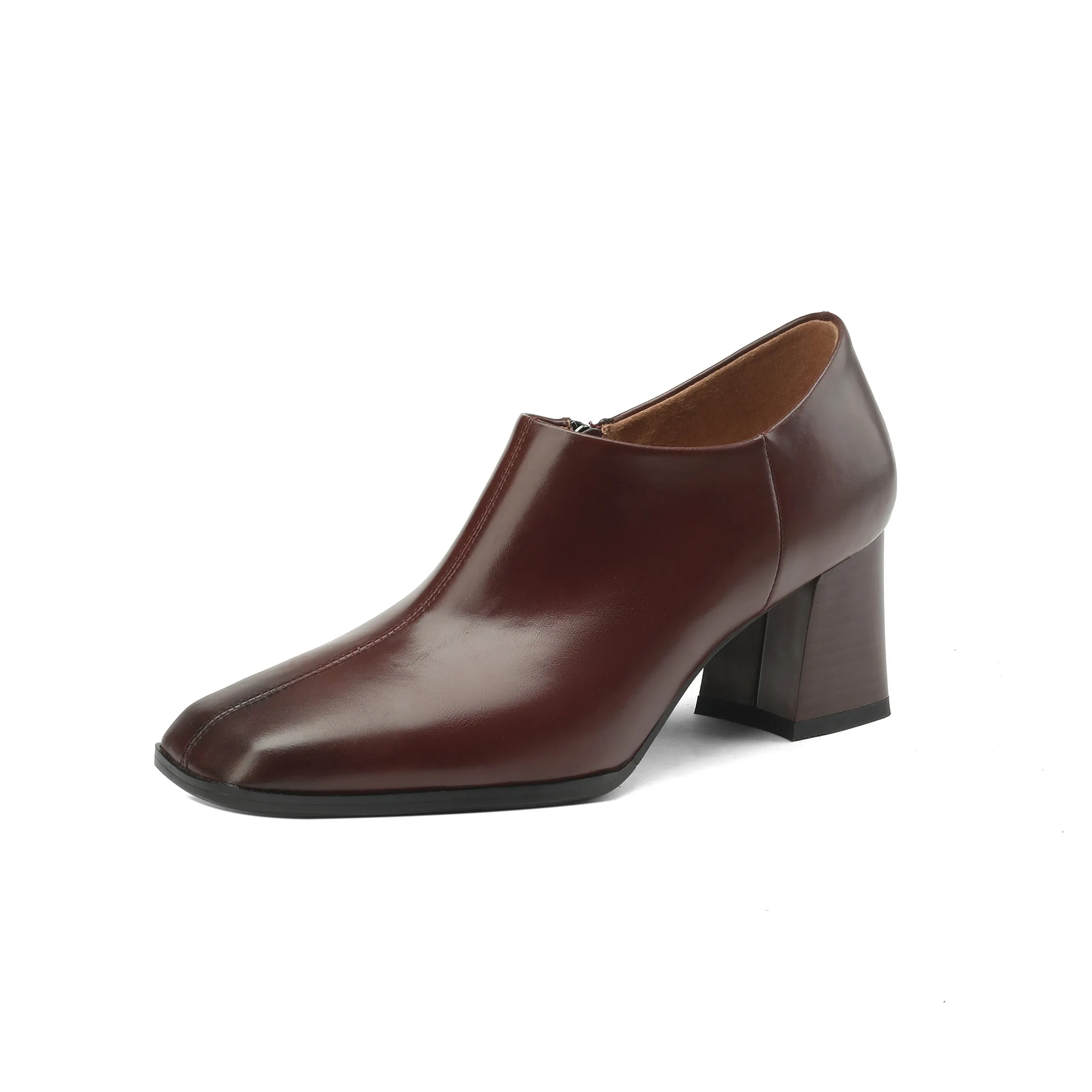 TinaCus Handmade Women's Genuine Leather Slip On Square Toe Mid Block Heel Side Zipper Shoes
