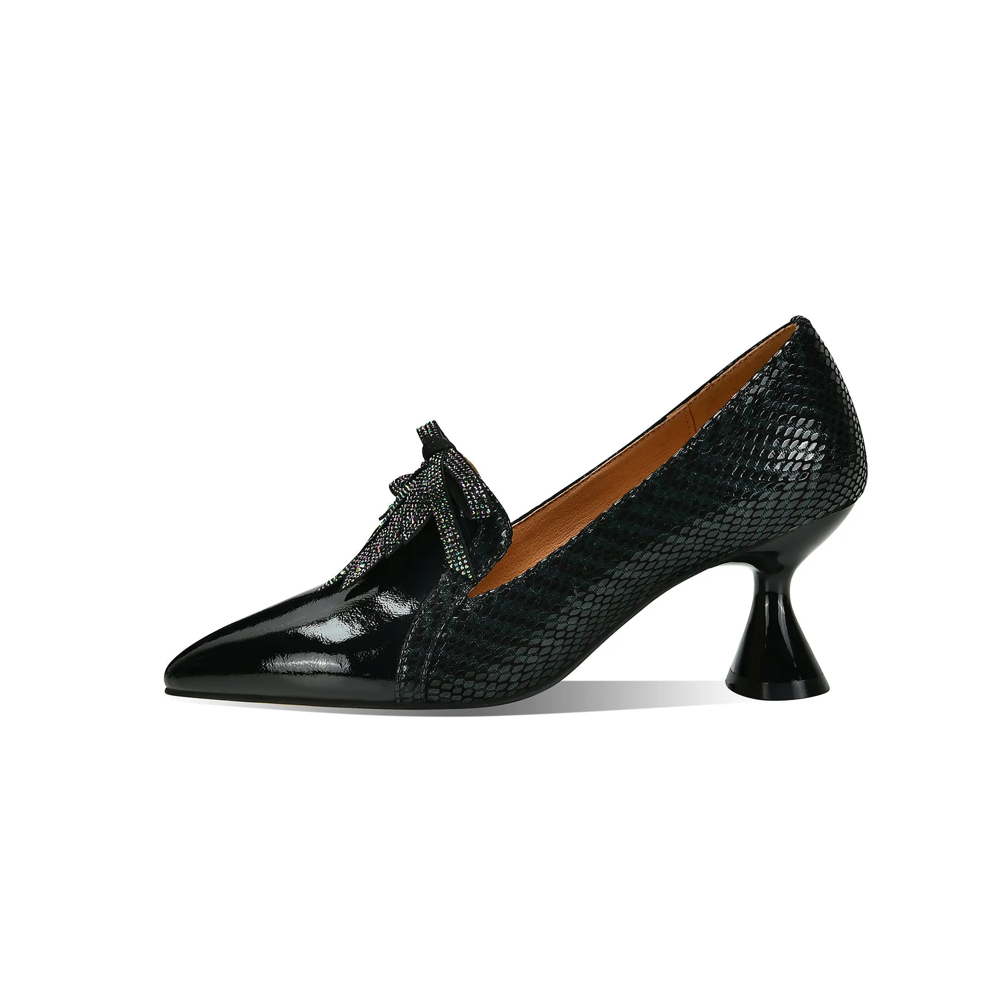 TinaCus Handmade Women's Glossy Genuine Leather Snakeskin Slip On Pointed Toe Mid Spool Heel Pumps Shoes