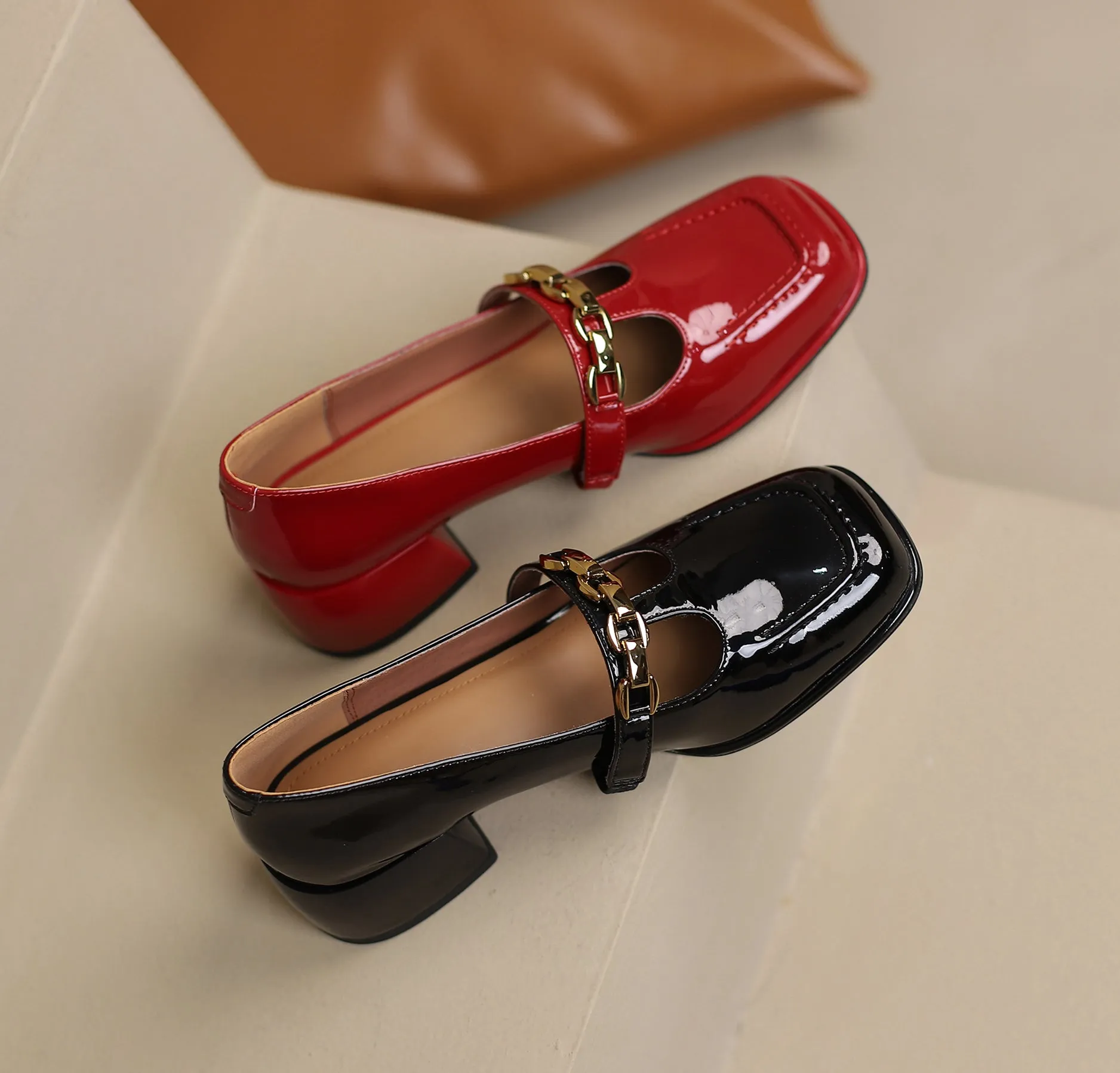 TinaCus Handmade Women's Patent Leather Chain T-Strap Square Toe Low Chunky Heel Mary Janes Pumps Shoes