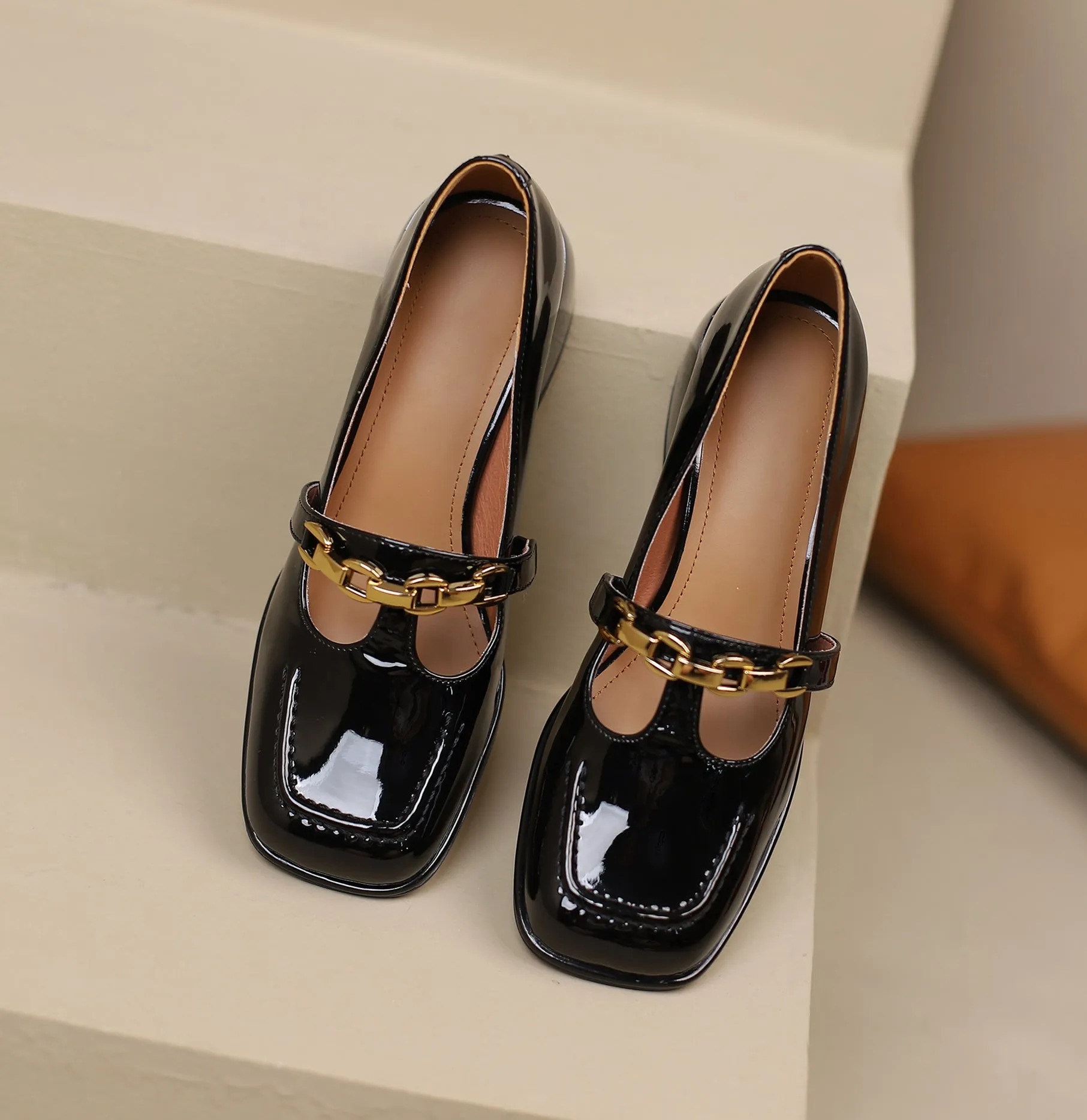 TinaCus Handmade Women's Patent Leather Chain T-Strap Square Toe Low Chunky Heel Mary Janes Pumps Shoes