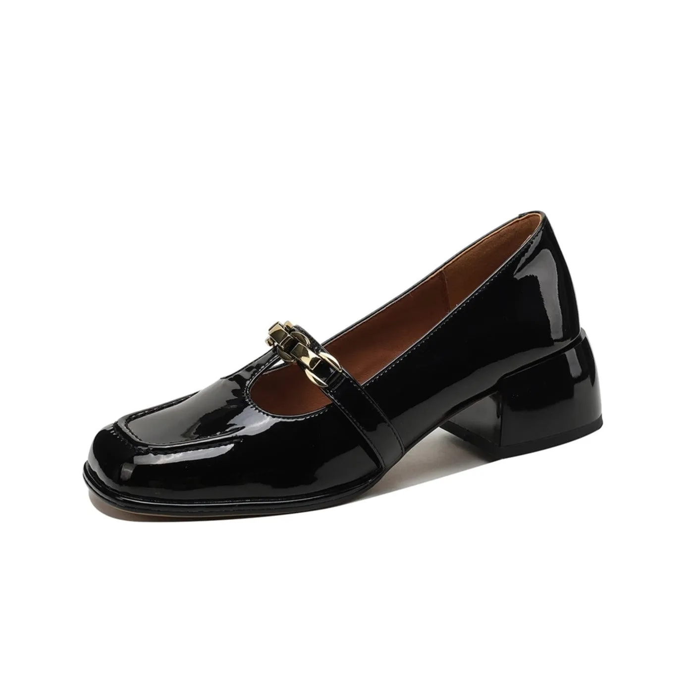 TinaCus Handmade Women's Patent Leather Chain T-Strap Square Toe Low Chunky Heel Mary Janes Pumps Shoes
