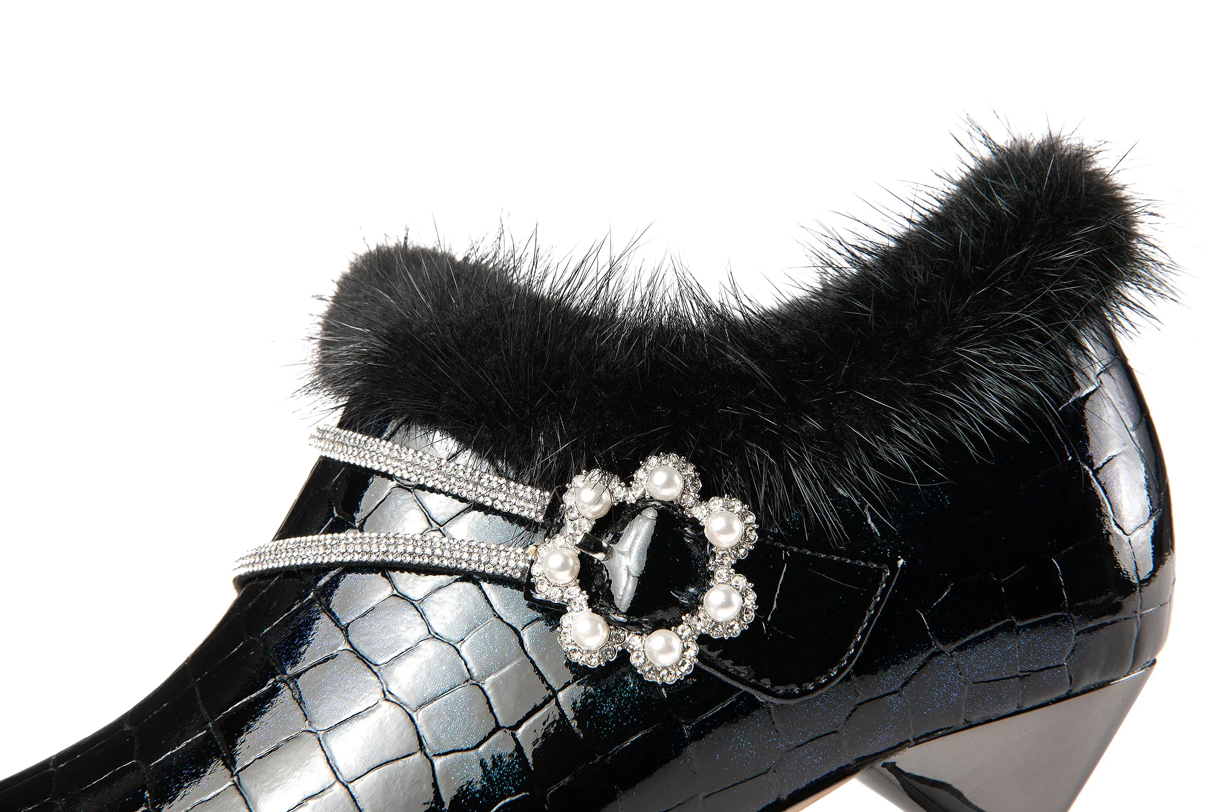 TinaCus Handmade Women's Patent Leather Furry Rhinestone Floral Side Zip Pointed Toe Mid Spool Heel Pumps