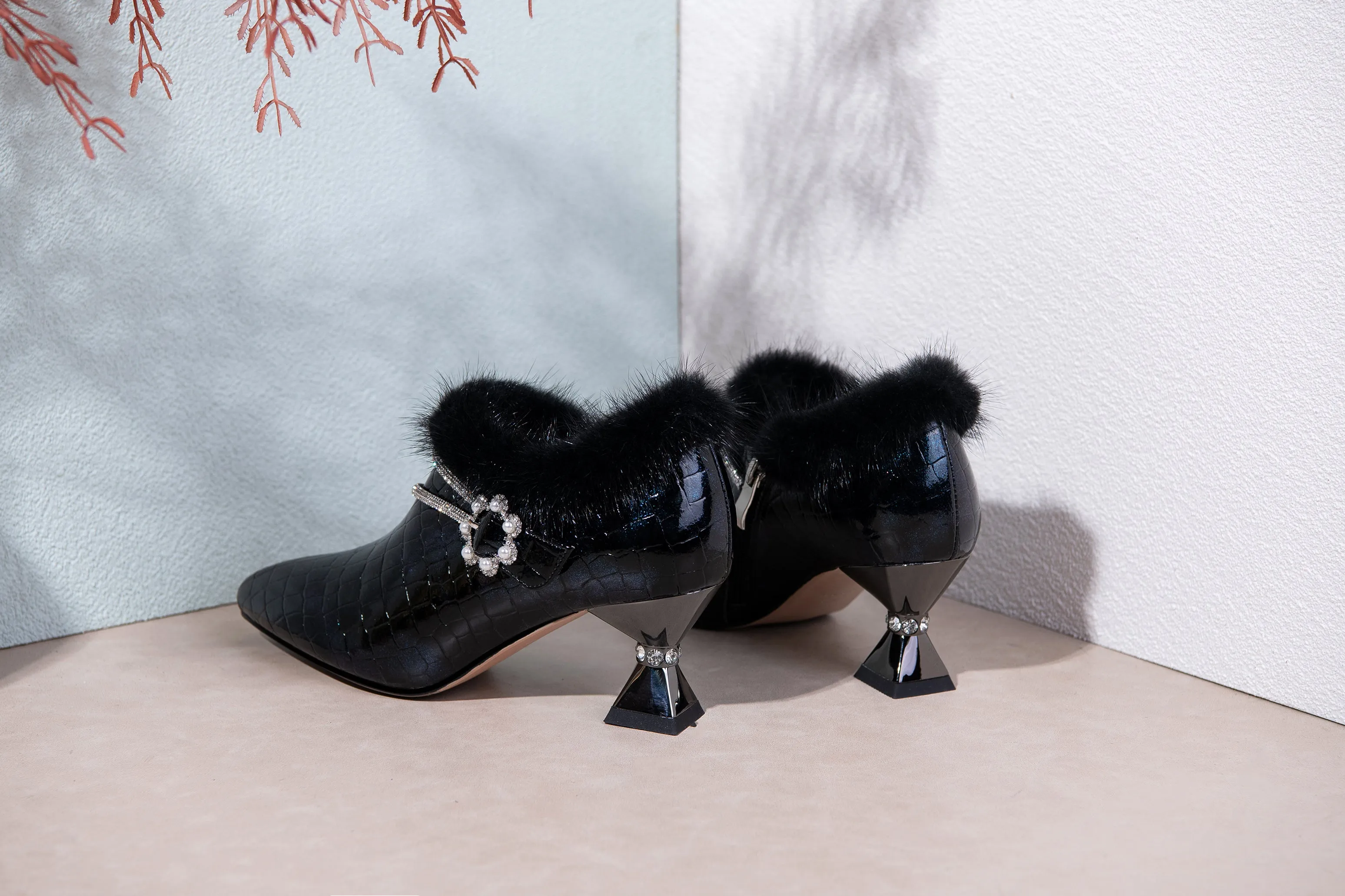 TinaCus Handmade Women's Patent Leather Furry Rhinestone Floral Side Zip Pointed Toe Mid Spool Heel Pumps