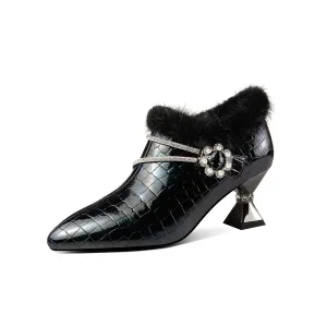 TinaCus Handmade Women's Patent Leather Furry Rhinestone Floral Side Zip Pointed Toe Mid Spool Heel Pumps
