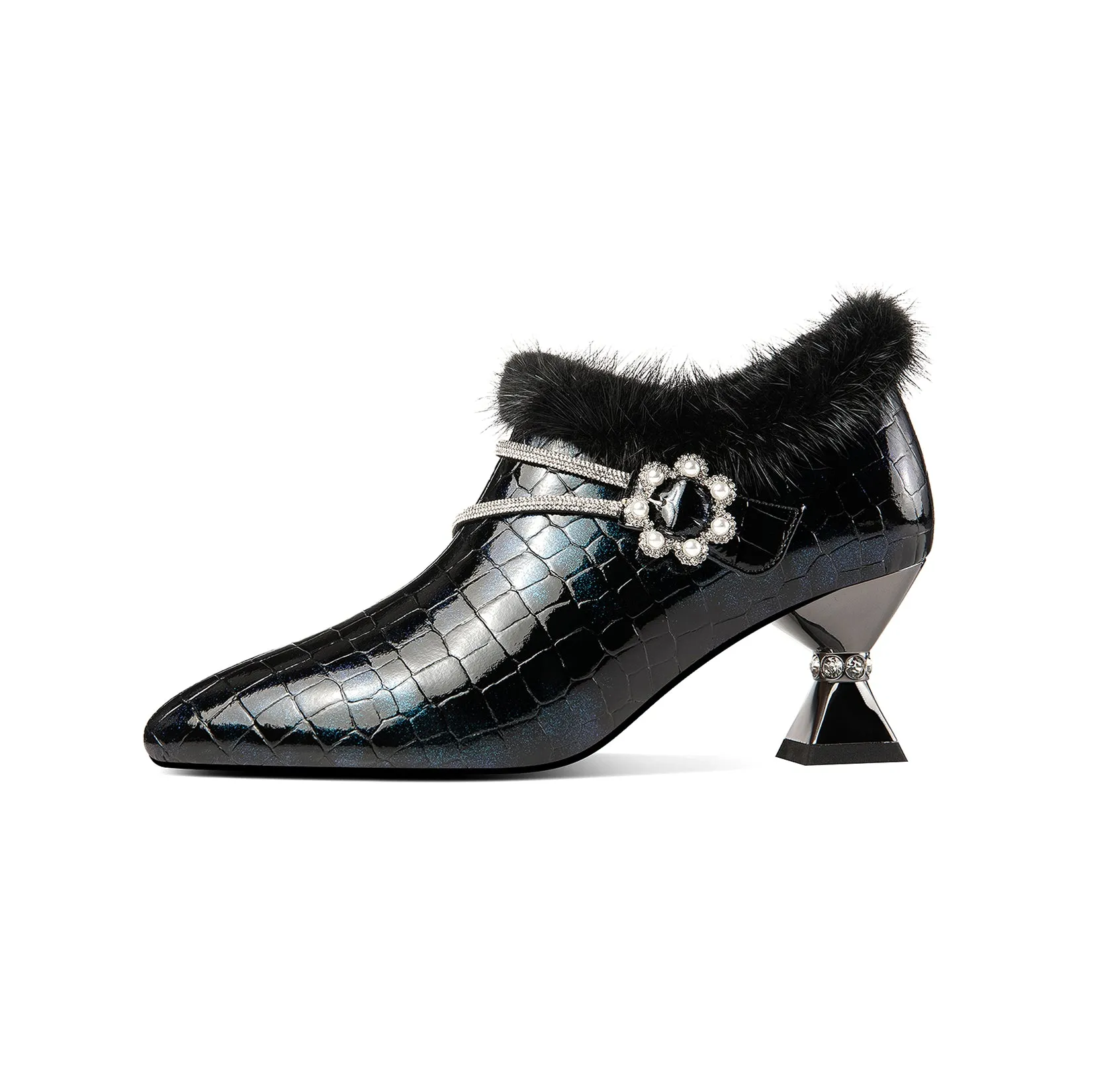 TinaCus Handmade Women's Patent Leather Furry Rhinestone Floral Side Zip Pointed Toe Mid Spool Heel Pumps