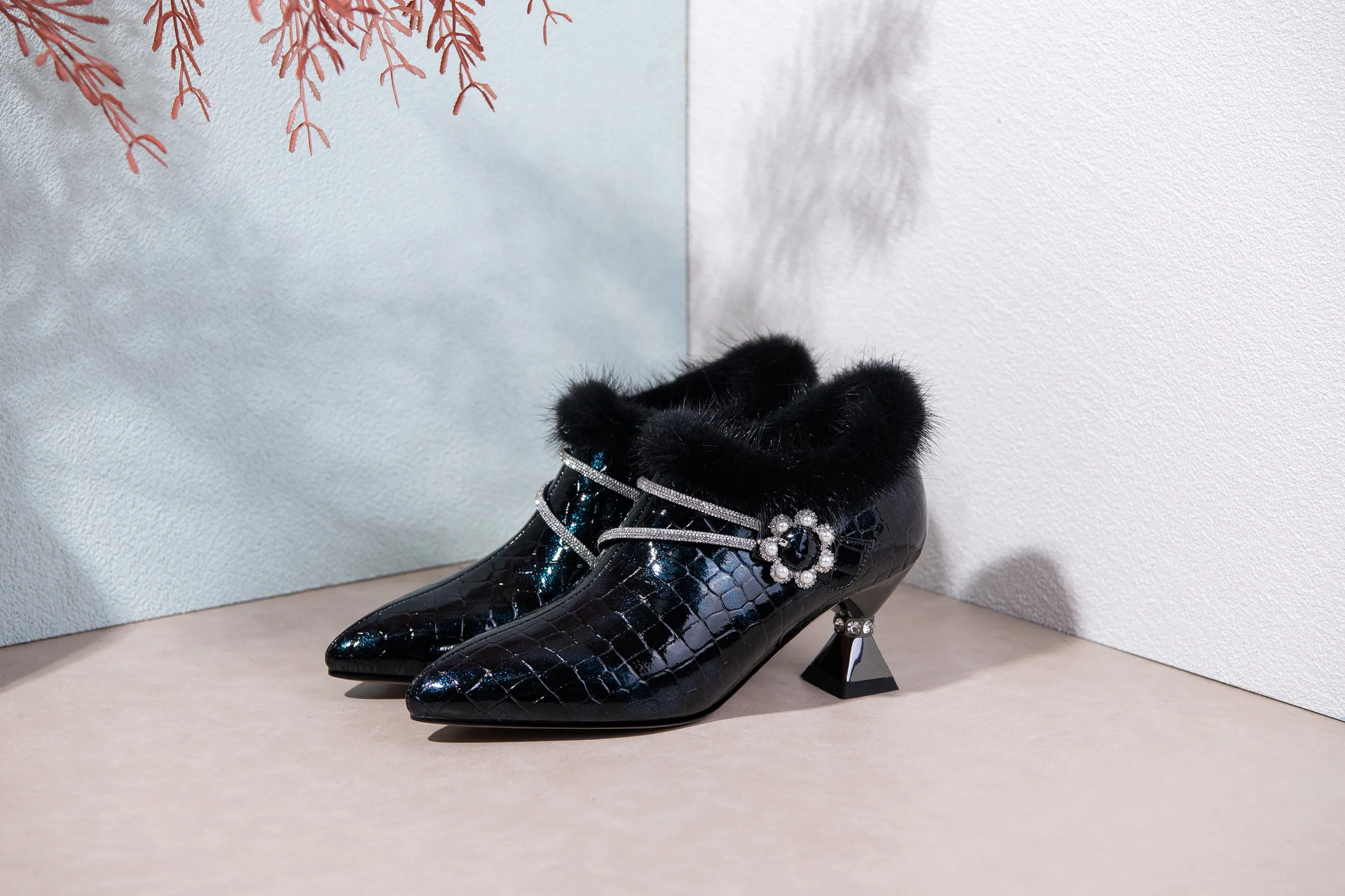 TinaCus Handmade Women's Patent Leather Furry Rhinestone Floral Side Zip Pointed Toe Mid Spool Heel Pumps