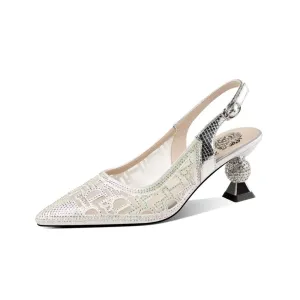 TinaCus Leather Mesh Handmade Women's Pointed Toe Mid Heel Buckle Rhinestone Slingback Sandal Pumps
