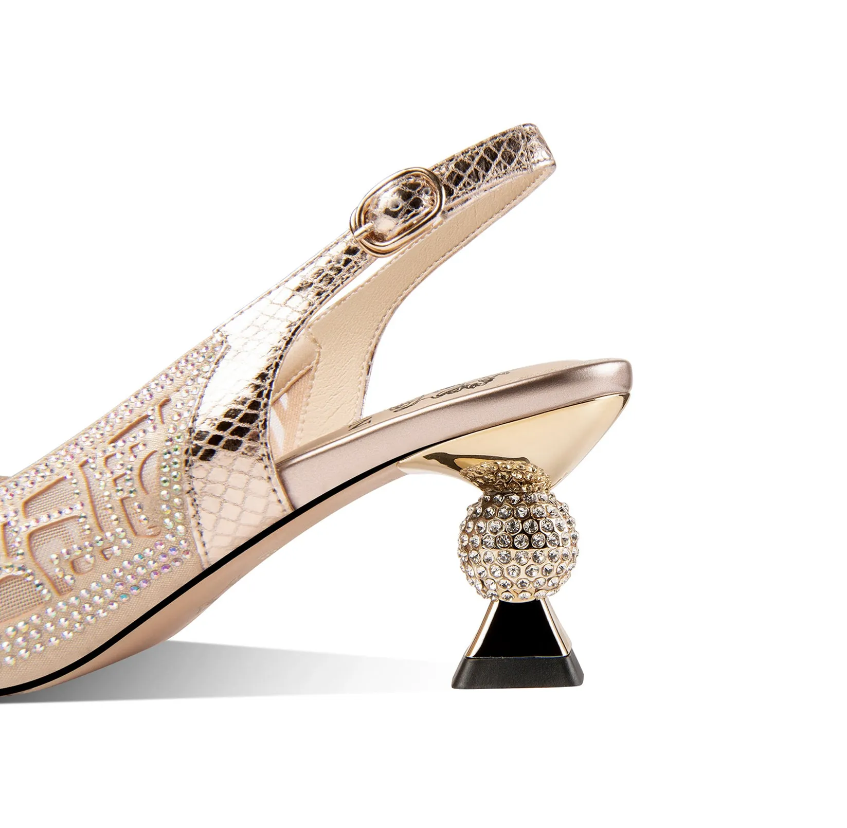 TinaCus Leather Mesh Handmade Women's Pointed Toe Mid Heel Buckle Rhinestone Slingback Sandal Pumps