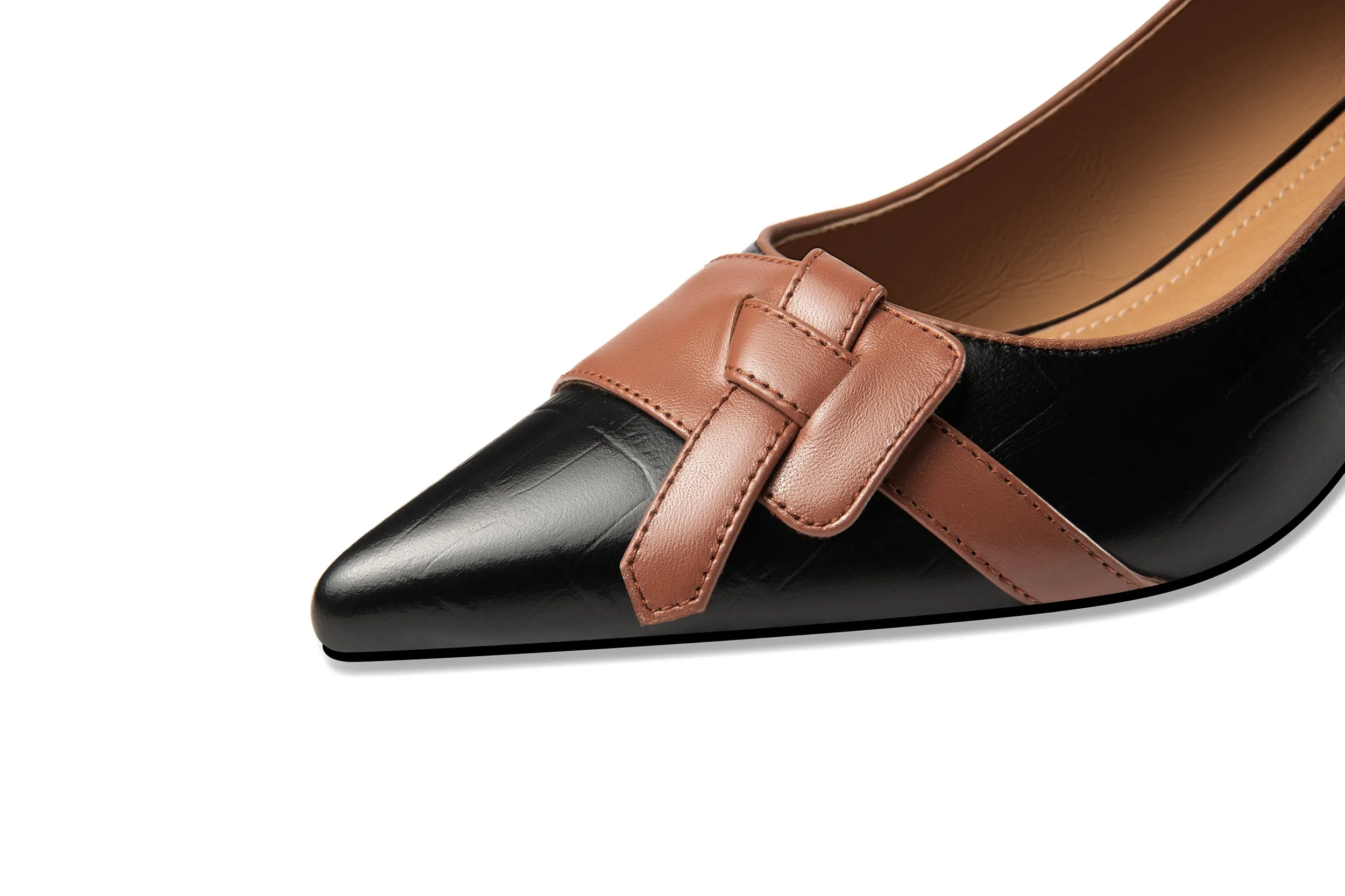 TinaCus Pointed Toe Handmade Woven Decor Genuine Leather Kitten Heels Women's Pumps Shoes