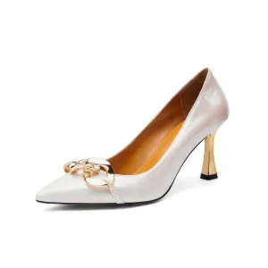TinaCus Women's Genuine Leather Handmade Pointed Toe Sexy Metal High Kitten Heel Slip On Loafer Pumps with Mental Pattern Decor