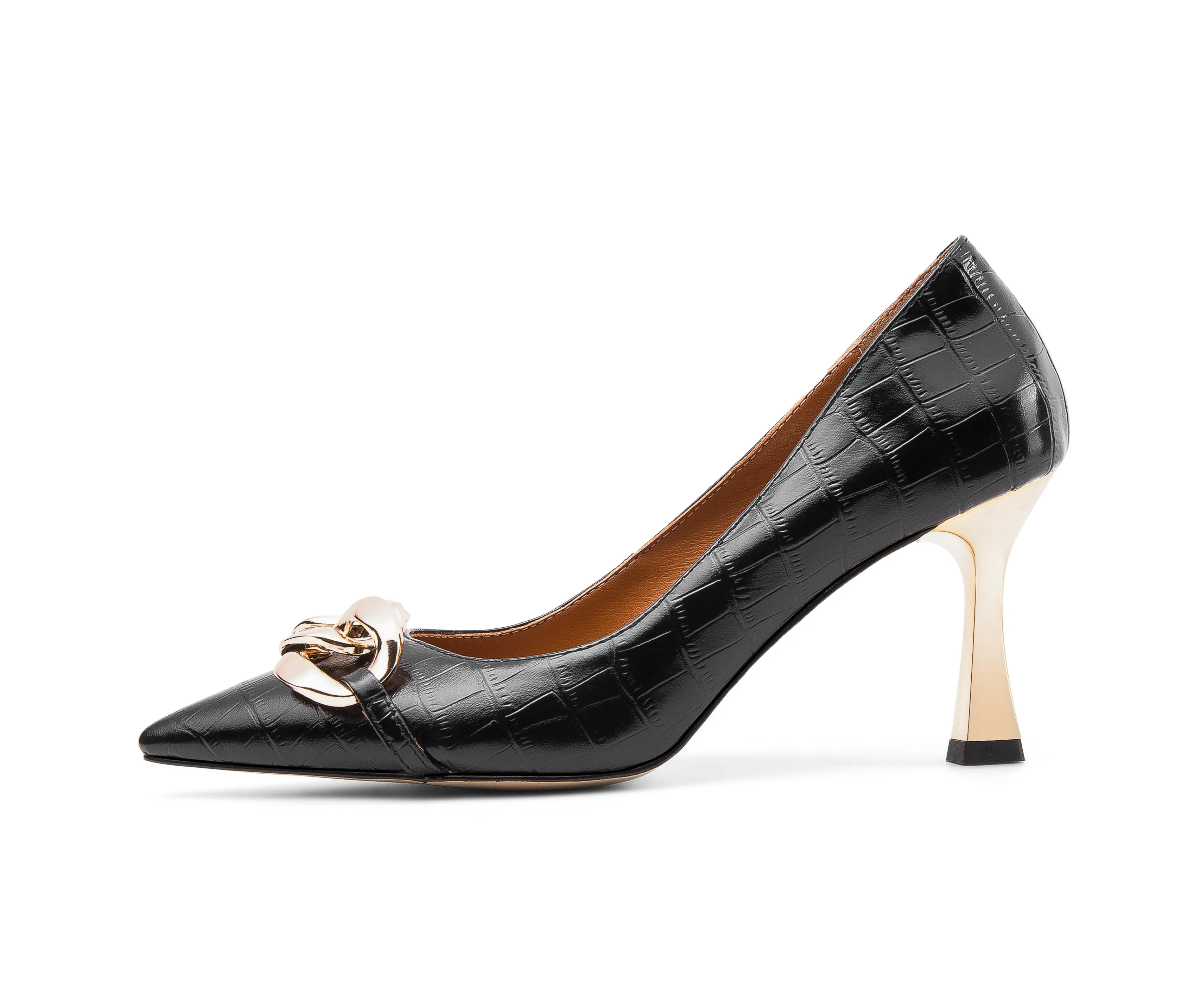TinaCus Women's Genuine Leather Handmade Pointed Toe Sexy Metal High Kitten Heel Slip On Loafer Pumps with Mental Pattern Decor