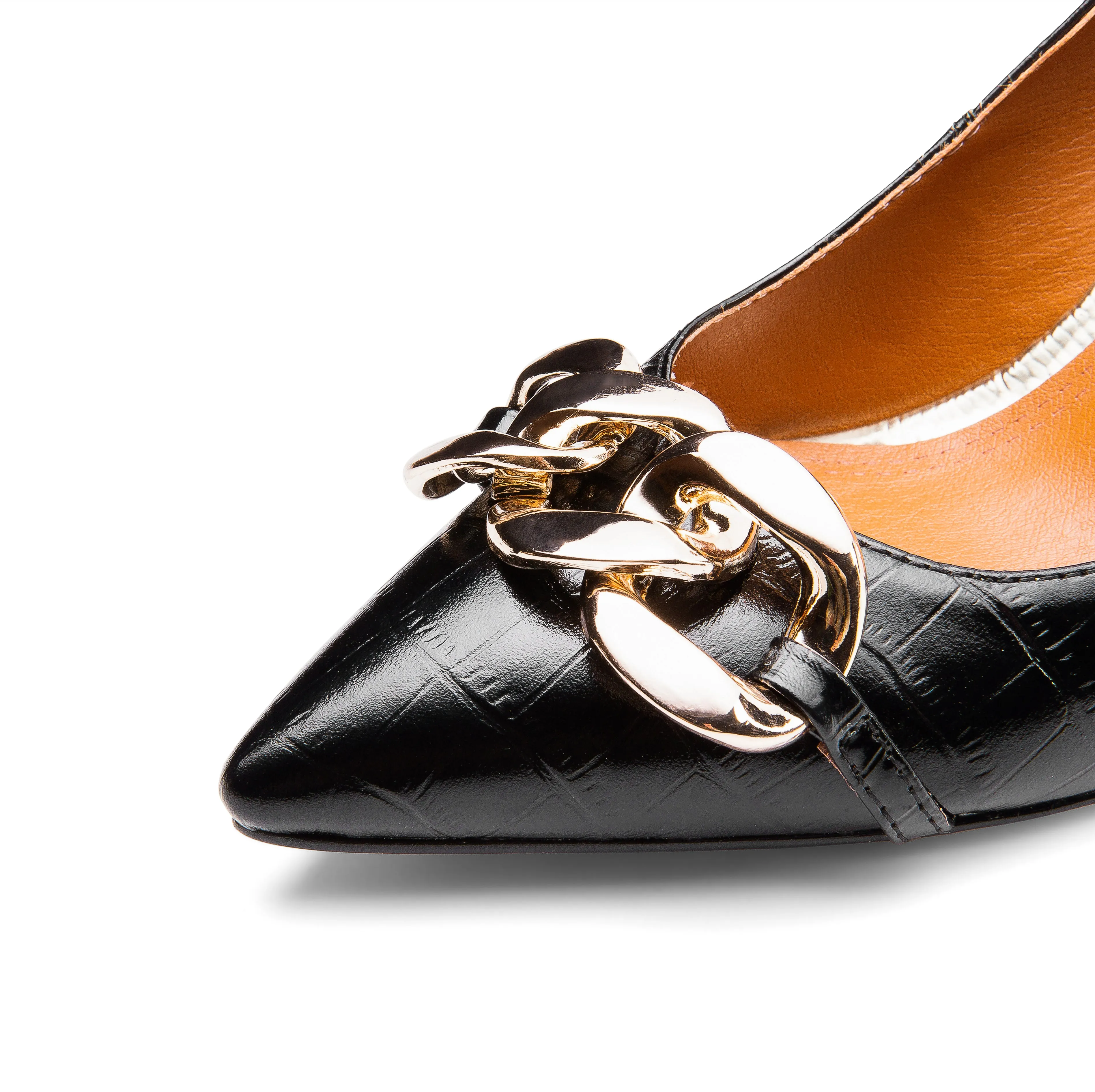 TinaCus Women's Genuine Leather Handmade Pointed Toe Sexy Metal High Kitten Heel Slip On Loafer Pumps with Mental Pattern Decor