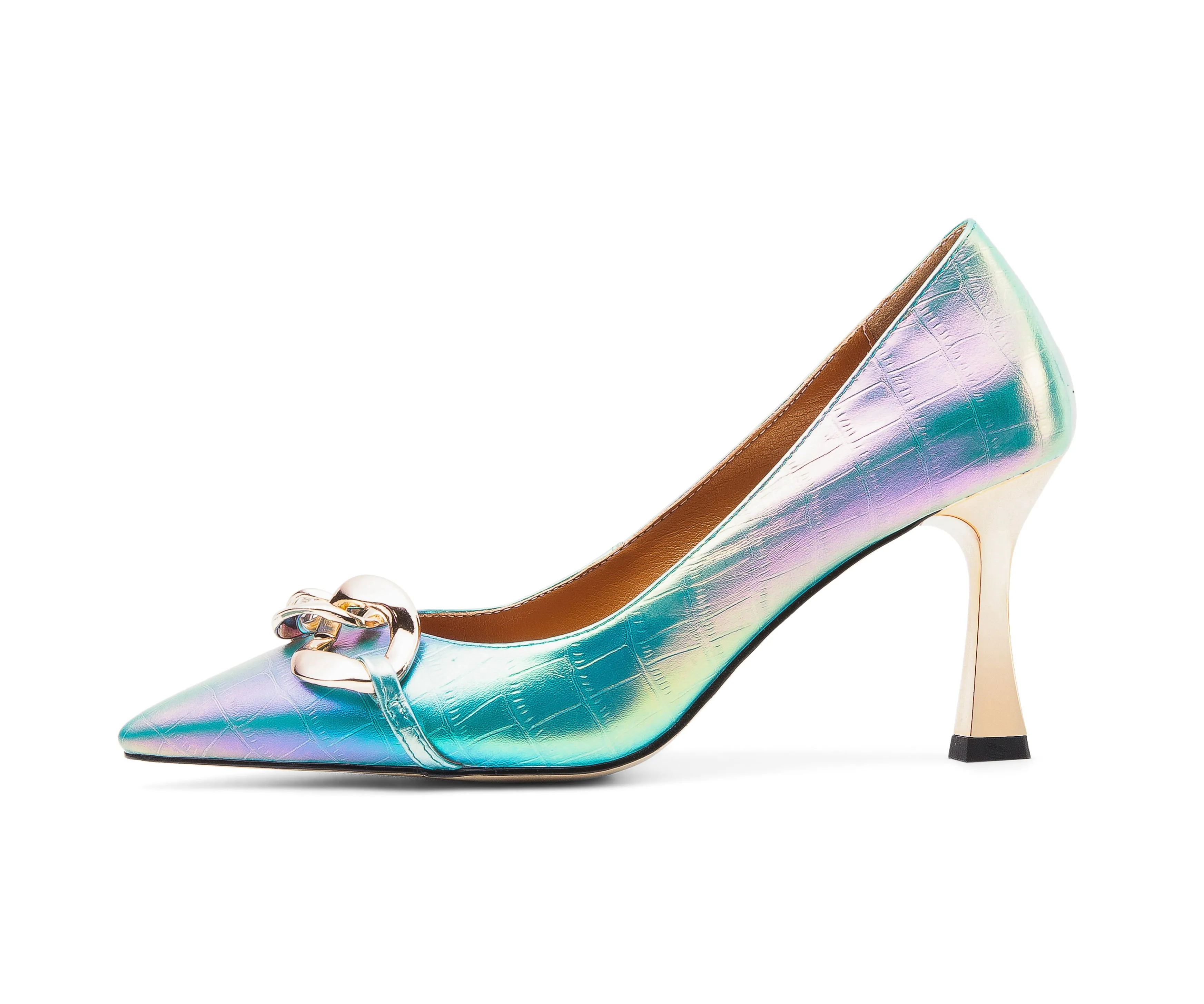 TinaCus Women's Genuine Leather Handmade Pointed Toe Sexy Metal High Kitten Heel Slip On Loafer Pumps with Mental Pattern Decor
