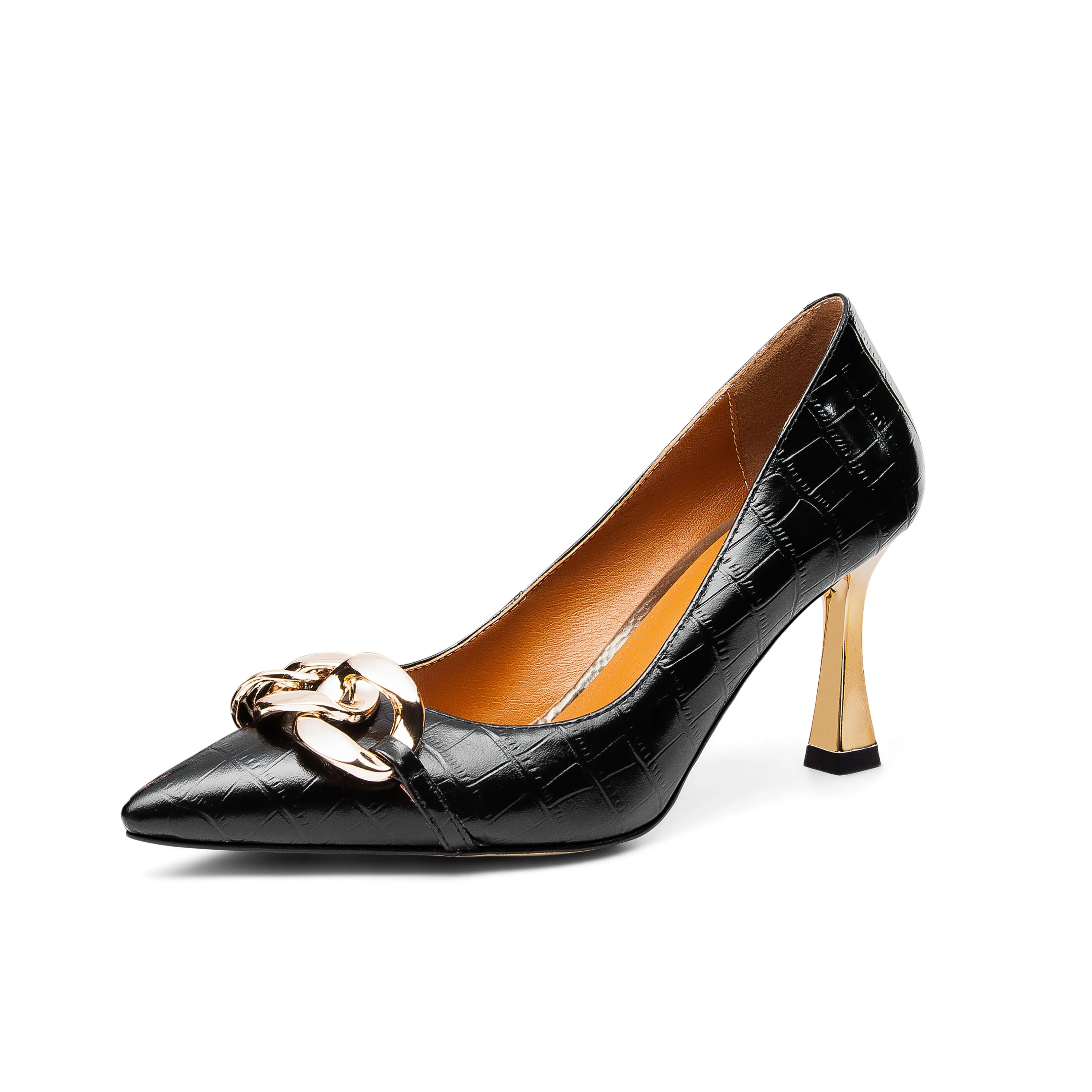 TinaCus Women's Genuine Leather Handmade Pointed Toe Sexy Metal High Kitten Heel Slip On Loafer Pumps with Mental Pattern Decor