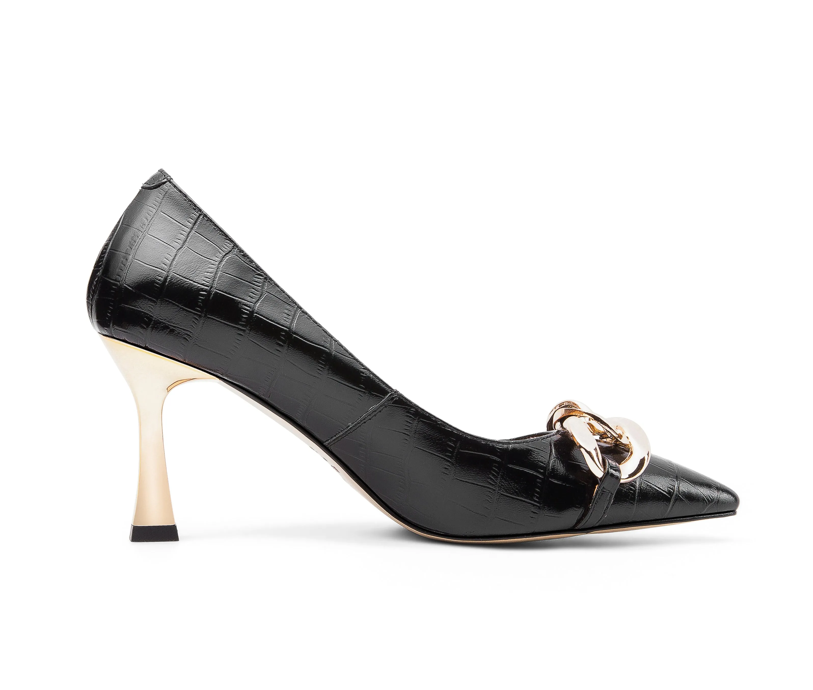 TinaCus Women's Genuine Leather Handmade Pointed Toe Sexy Metal High Kitten Heel Slip On Loafer Pumps with Mental Pattern Decor